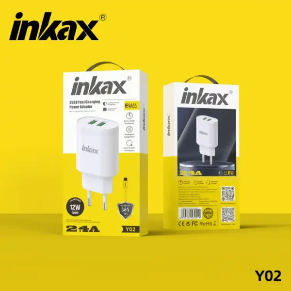 شاحن سريع Inkax Y02 للجوالات مع منفذين USB وسلك تايب سي