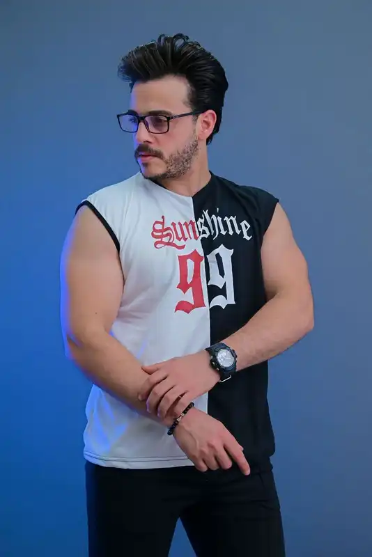 تيشيرت كت رجالي صيفي نصين ابيض في اسود عصري