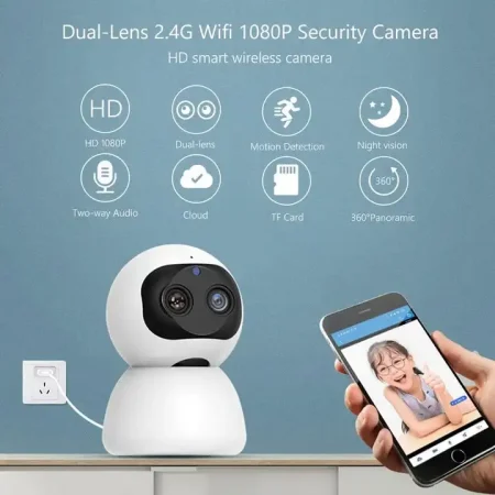 كاميرا مراقبة ذكية بانورامية 1080P كاميرا Ip واي فاي بعدسة مزدوجة