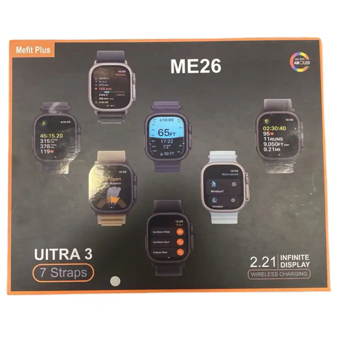 ساعة ME26 Ultra 3 ذكية شاشة 2.0 بوصة مكالمات بلوتوث مع 7 اساور