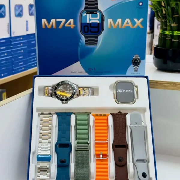 ساعة سمارت M74 Max باكدچ 6 ستراب وهديه ساعة معدن كلاسيك