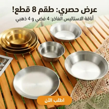 طقم اطباق ستانلس ستيل 8 قطع فضي وذهبي للرحلات والبيت