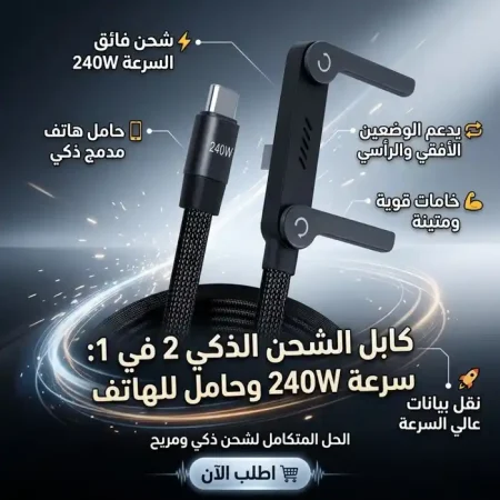 كابل شحن سريع مغناطيسي مع حامل هاتف مدمج 240 واط