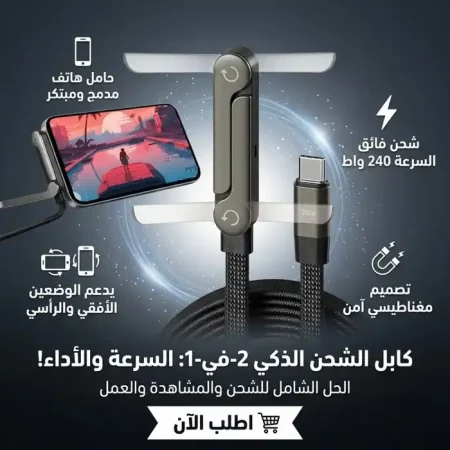 كابل شحن سريع مغناطيسي مع حامل هاتف مدمج 240 واط